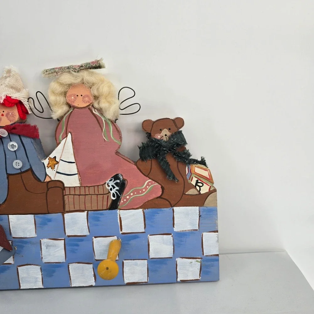Vintage Folk Art Wooden Wall Peg Rack Noahs Ark Angel Raggedy Ann Humpty Dumpty
